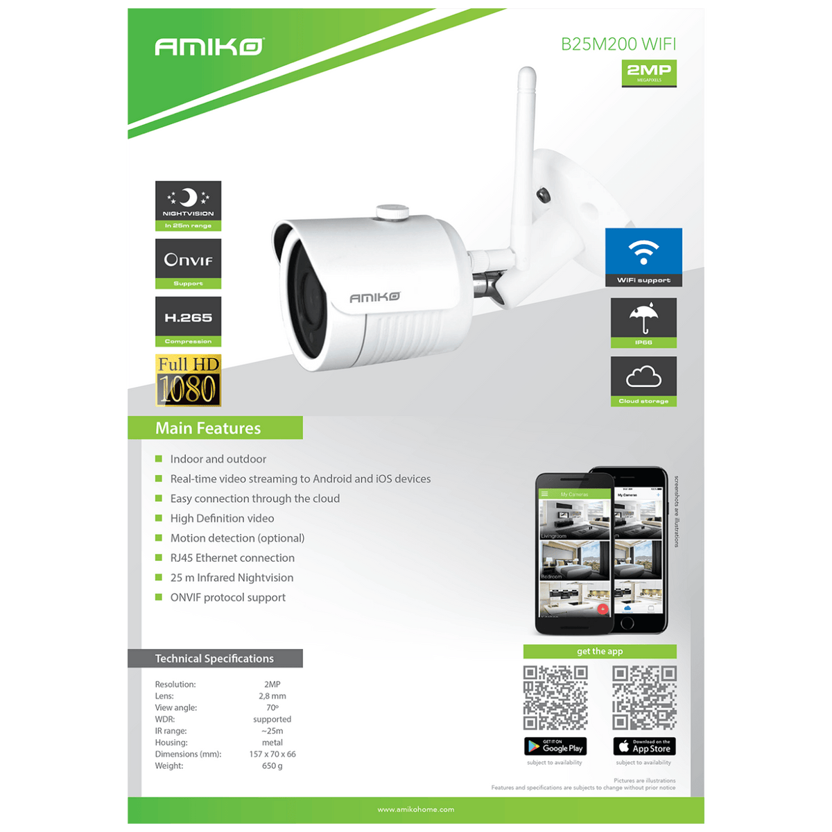Amiko Home Kamera IP 2MP, PoE, 1/2.9" CMOS, 2.8mm, IP66, WiFi - B25M200 WIFI