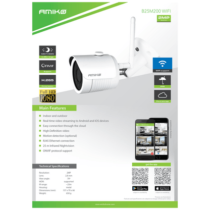 Amiko Home Kamera IP 2MP, PoE, 1/2.9" CMOS, 2.8mm, IP66, WiFi - B25M200 WIFI