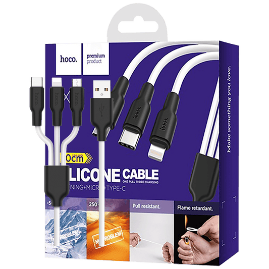 hoco. USB kabl, 3in1, microUSB, type C, Lightning, 1.2 met., 2 A - X21 Silicone 3in1, Black/White