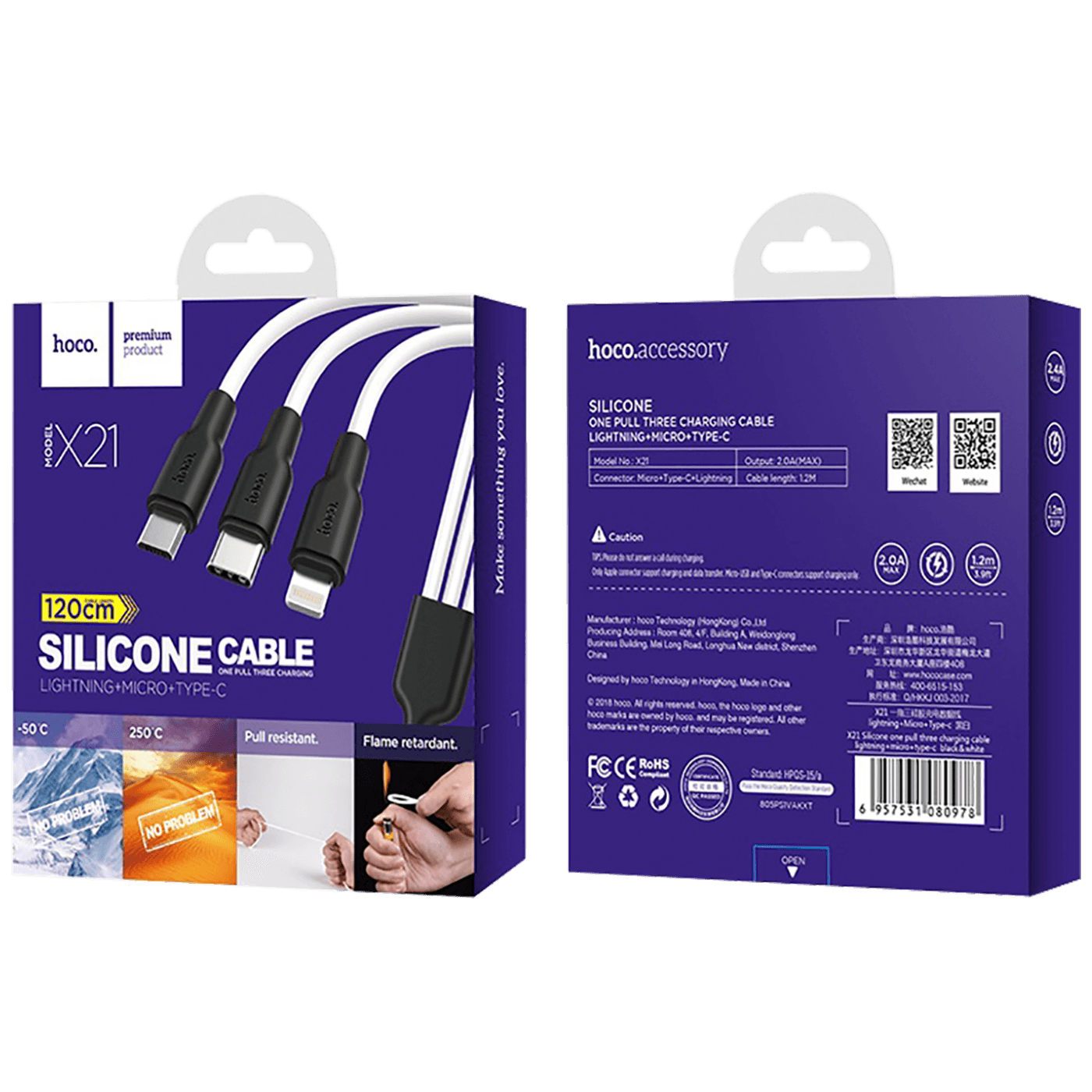 hoco. USB kabl, 3in1, microUSB, type C, Lightning, 1.2 met., 2 A - X21 Silicone 3in1, Black/White