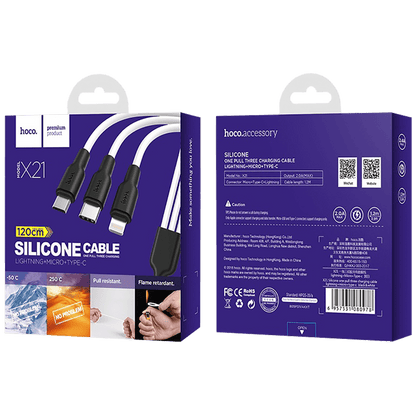 hoco. USB kabl, 3in1, microUSB, type C, Lightning, 1.2 met., 2 A - X21 Silicone 3in1, Black/White