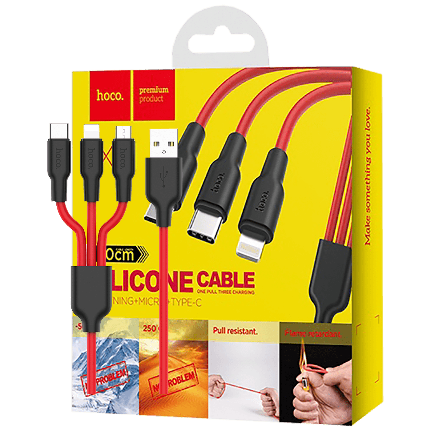 hoco. USB kabl, 3in1, microUSB, type C, Lightning, 1.2 met., 2 A - X21 Silicone 3in1, Black/Red