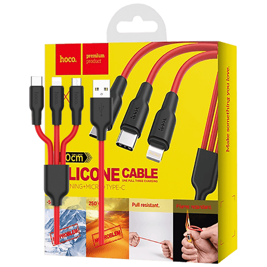 hoco. USB kabl, 3in1, microUSB, type C, Lightning, 1.2 met., 2 A - X21 Silicone 3in1, Black/Red