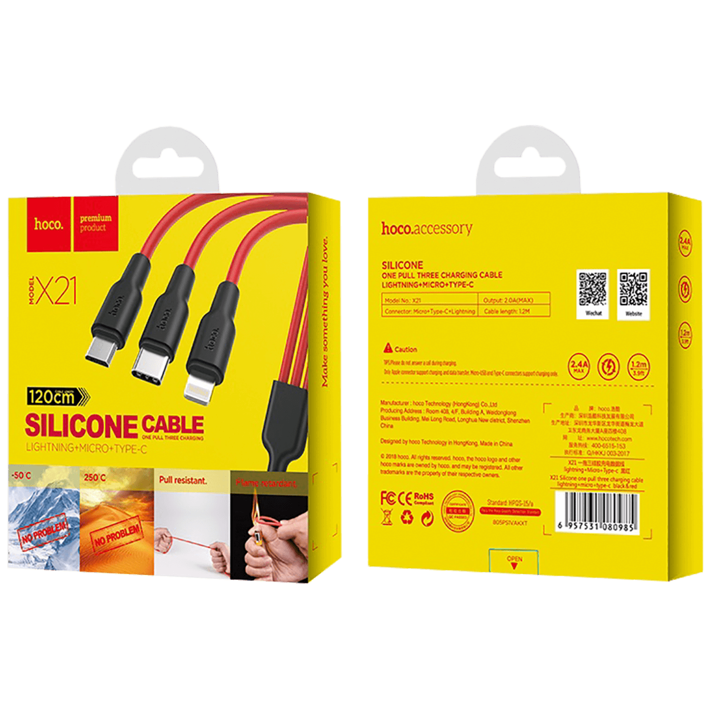 hoco. USB kabl, 3in1, microUSB, type C, Lightning, 1.2 met., 2 A - X21 Silicone 3in1, Black/Red