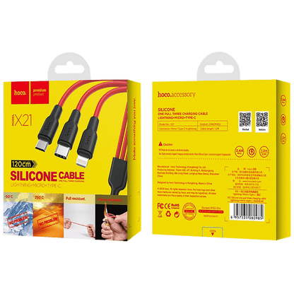 hoco. USB kabl, 3in1, microUSB, type C, Lightning, 1.2 met., 2 A - X21 Silicone 3in1, Black/Red