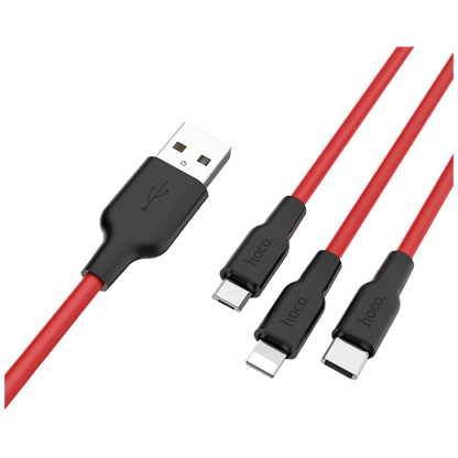 hoco. USB kabl, 3in1, microUSB, type C, Lightning, 1.2 met., 2 A - X21 Silicone 3in1, Black/Red