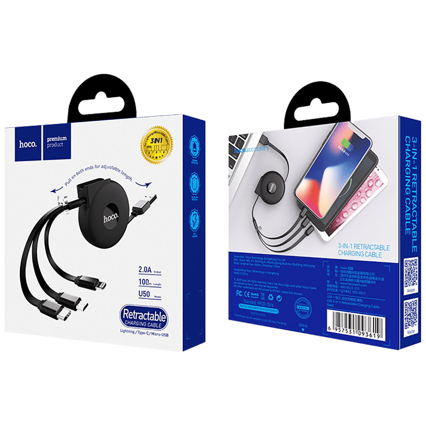 hoco. USB kabl za punjenje, 3in1, na izvlačenje, 1 met., 2 A - U50