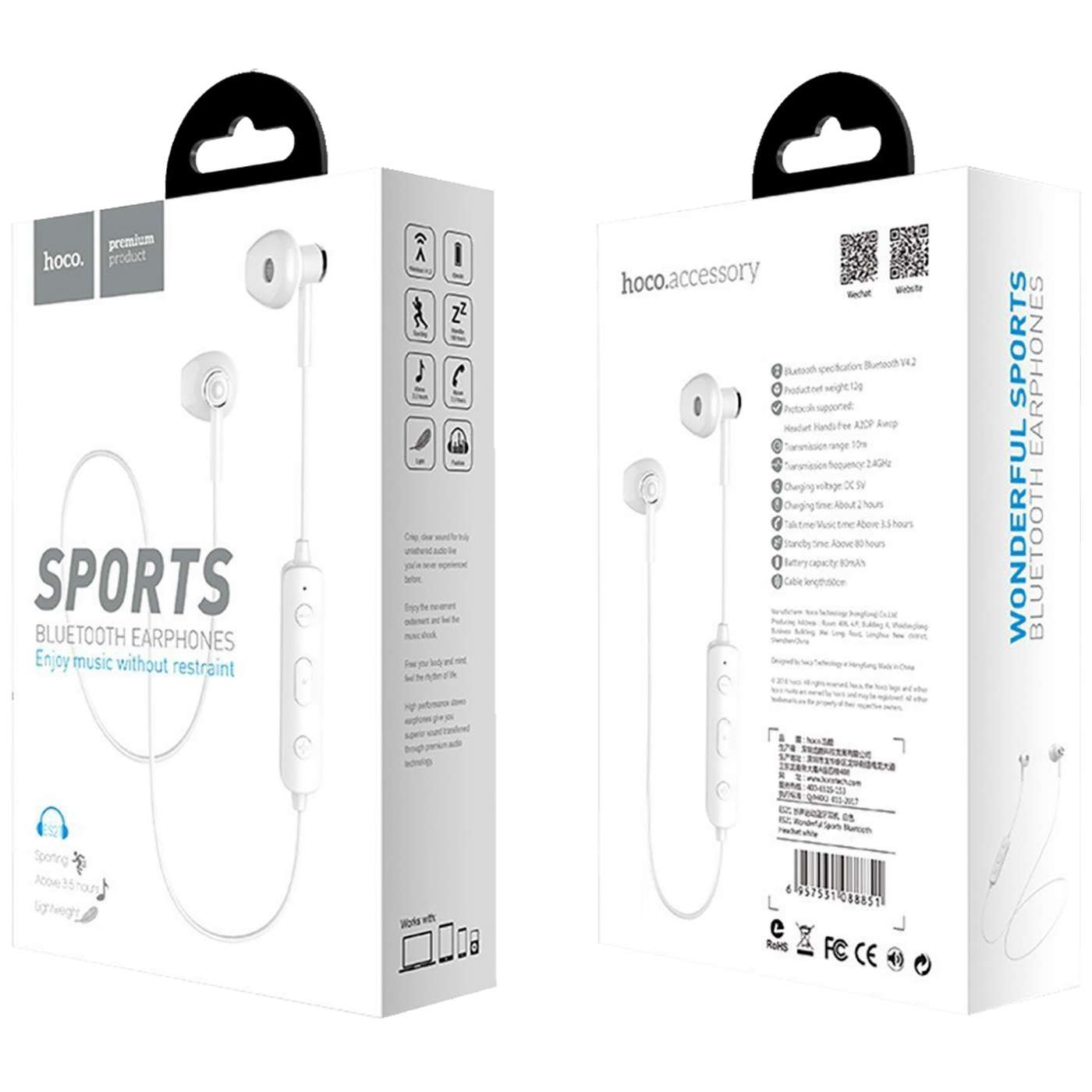 hoco. Slušalice bežična, sport, Bluetooth, 80 mAh, 3.5 h, bijela - ES21 Wonderful sports White