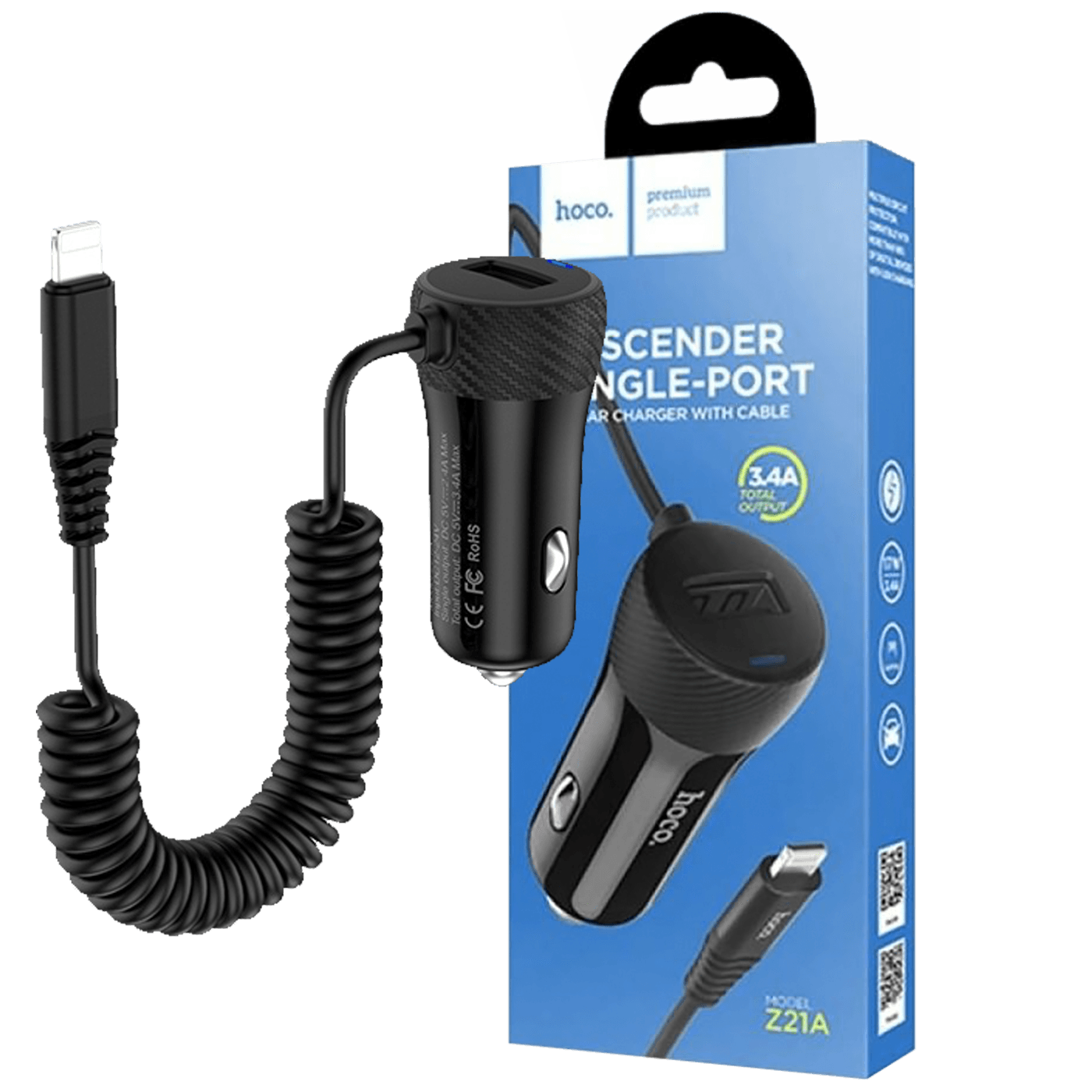 hoco. Auto punjač za Lightning kabelom,  1 x USB, 2.4 A max. - Z21A Ascender Lightning