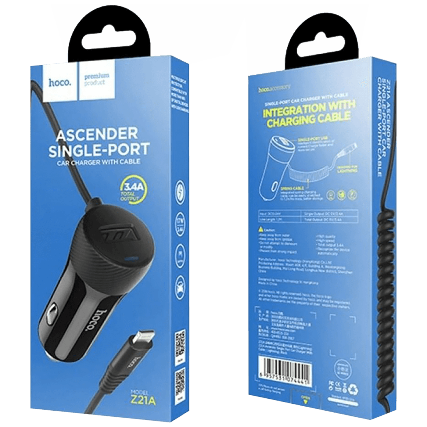 hoco. Auto punjač za Lightning kabelom,  1 x USB, 2.4 A max. - Z21A Ascender Lightning