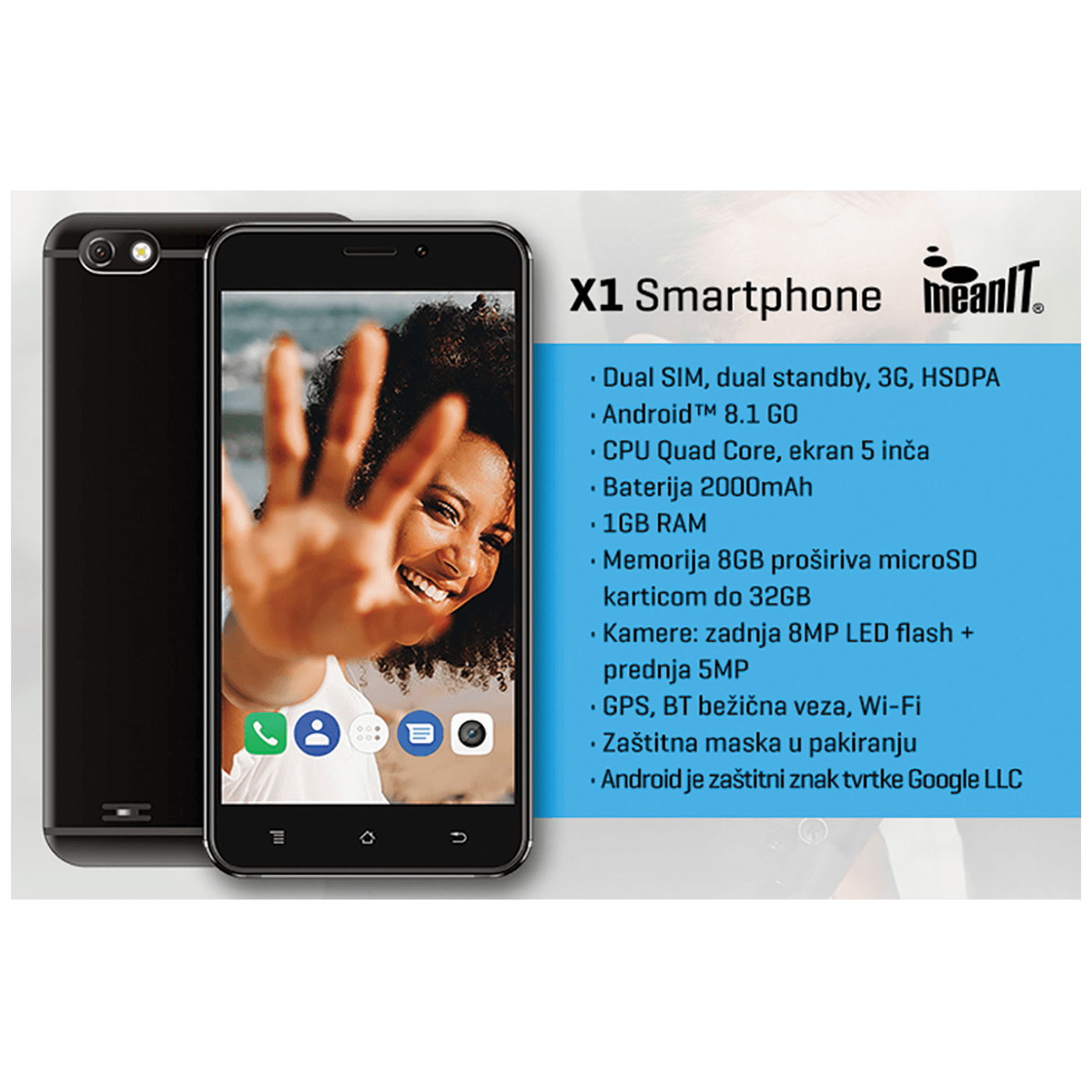 MeanIT Smartphone 5", Dual SIM, Quad Core, RAM 1GB, 8Mpixel - X1