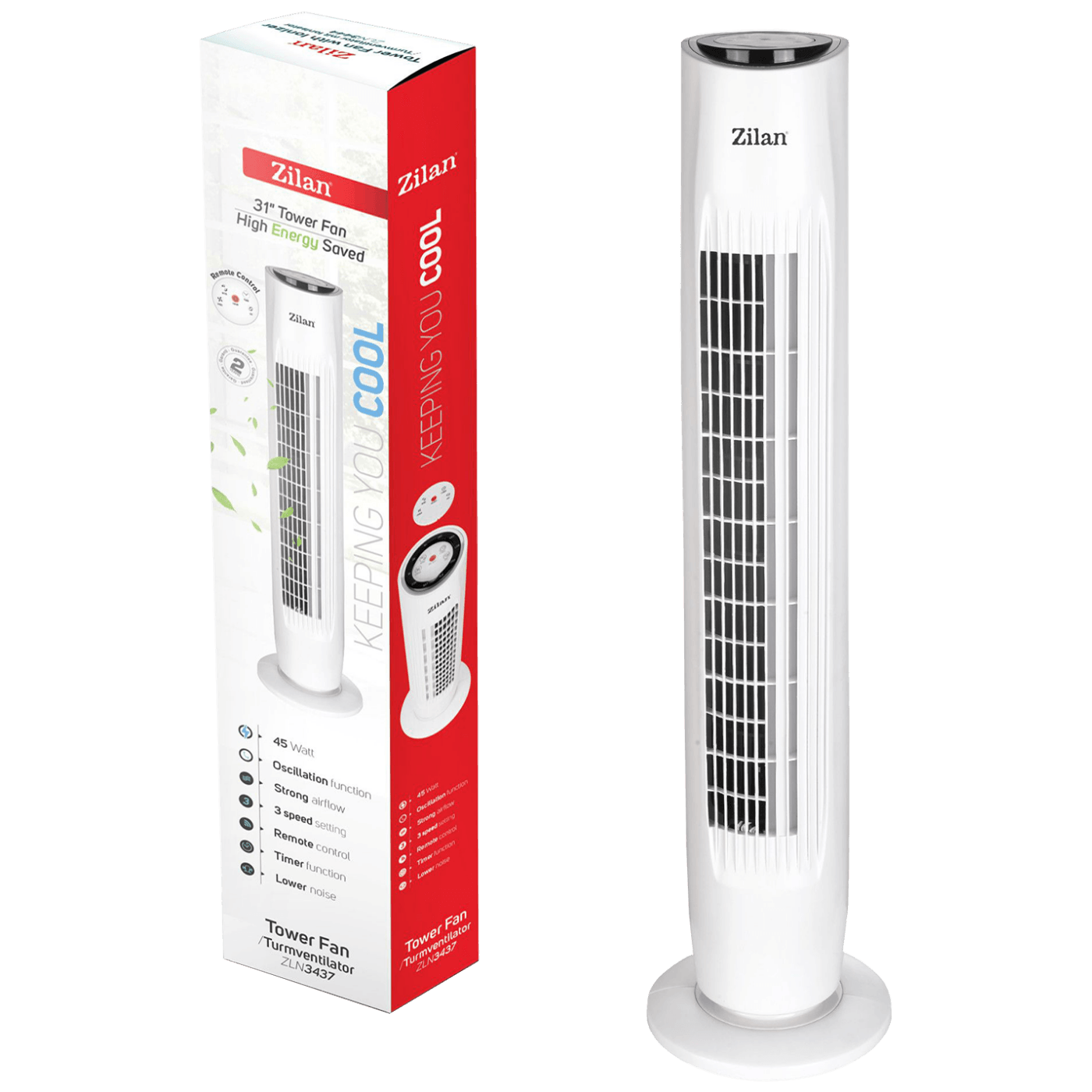Zilan Ventilator stupni, daljinski upravljač, 45W, 80 cm, ±80° - ZLN3437