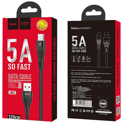 hoco. USB kabl za smartphone, USB type C, 1.2 met., 5 A, crna - U53 5A Flash