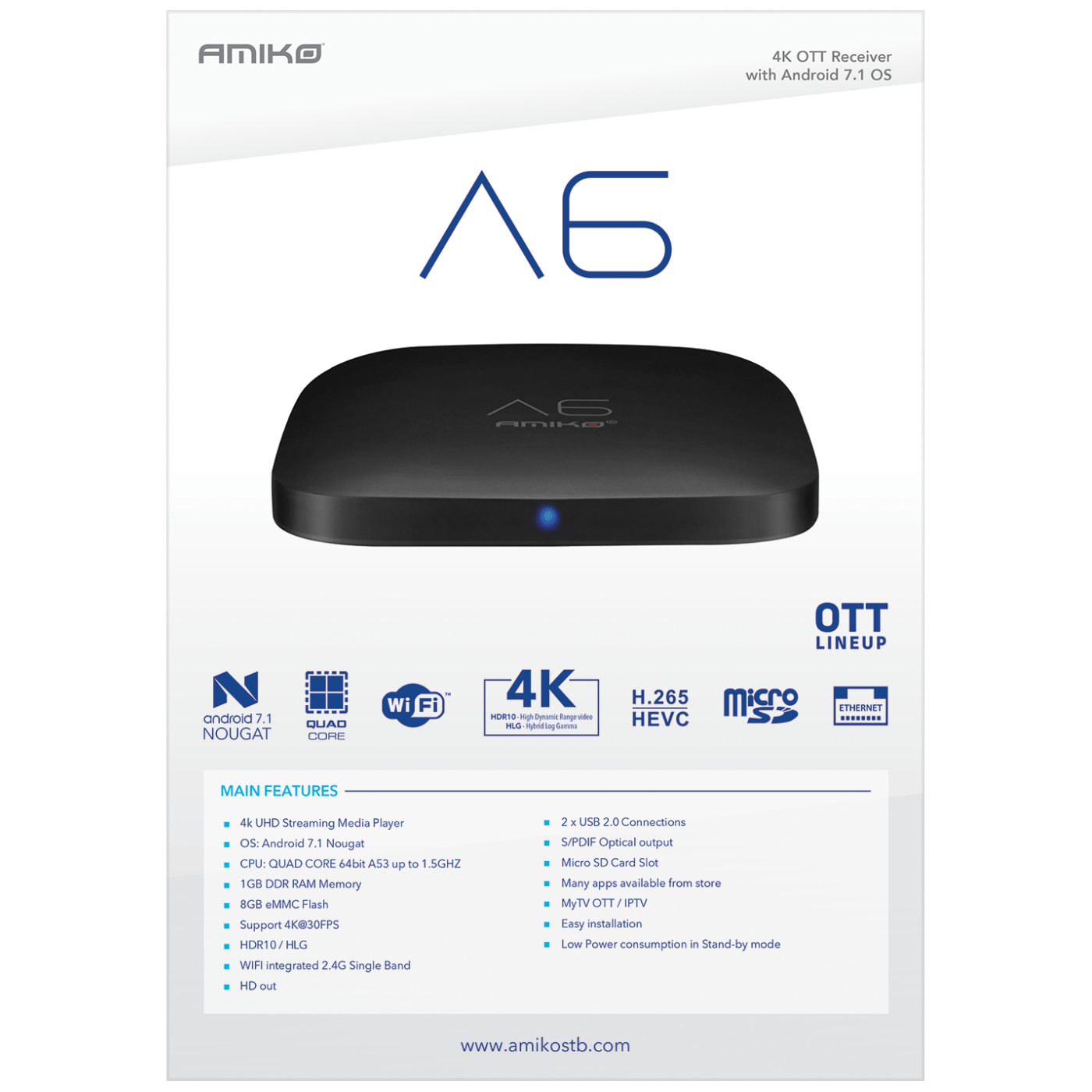 Amiko Prijemnik IPTV,-Stalker Android, 1/8GB, 4K, WiFi - A6 OTT