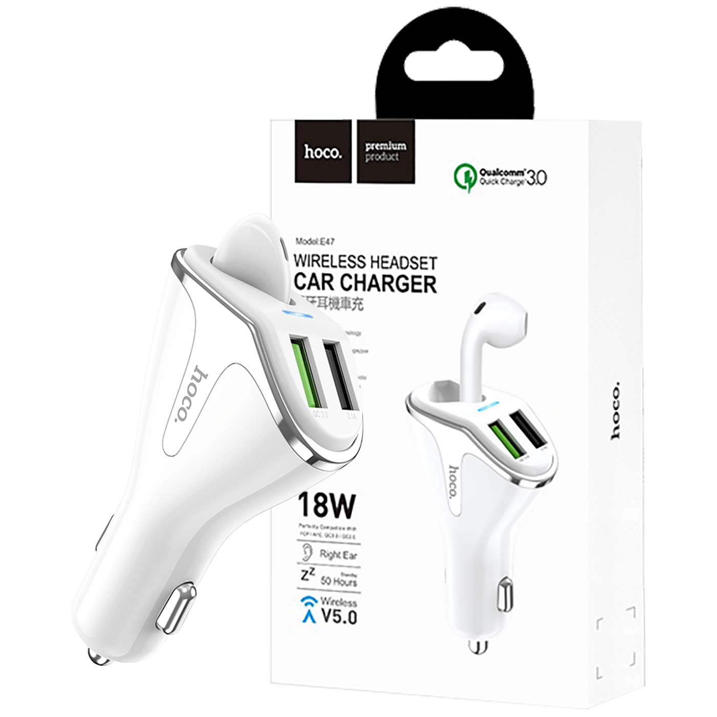 hoco. Auto punjač sa bežičnom slušalicom, QC,2 x USB, 3.1 A,bijela - E47 Traveller White