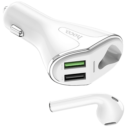 hoco. Auto punjač sa bežičnom slušalicom, QC,2 x USB, 3.1 A,bijela - E47 Traveller White
