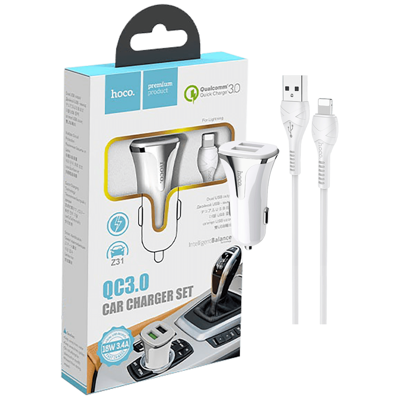 hoco. Auto punjač sa Lightning kabelom, QC, 2 x USB,  3.1 A - Z31 Universe double port, Lightning