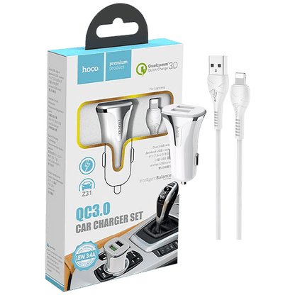 hoco. Auto punjač sa Lightning kabelom, QC, 2 x USB,  3.1 A - Z31 Universe double port, Lightning