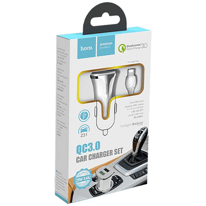 hoco. Auto punjač sa Lightning kabelom, QC, 2 x USB,  3.1 A - Z31 Universe double port, Lightning