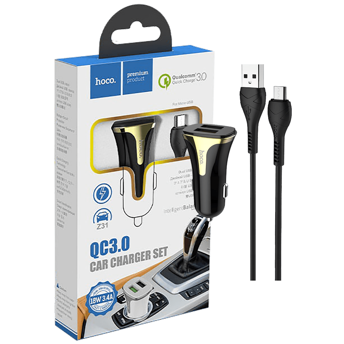 hoco. Auto punjač sa microUSB kabelom, QC, 2 x USB,  3.1 A - Z31 Universe double port, microUSB