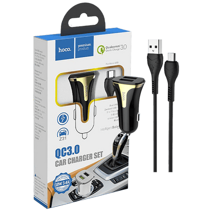 hoco. Auto punjač sa microUSB kabelom, QC, 2 x USB,  3.1 A - Z31 Universe double port, microUSB