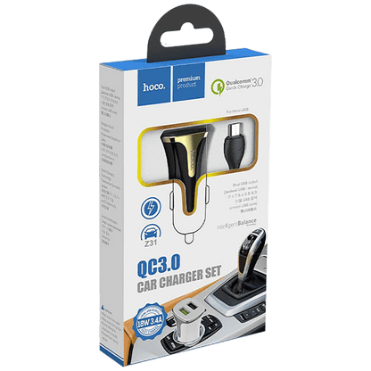hoco. Auto punjač sa microUSB kabelom, QC, 2 x USB,  3.1 A - Z31 Universe double port, microUSB