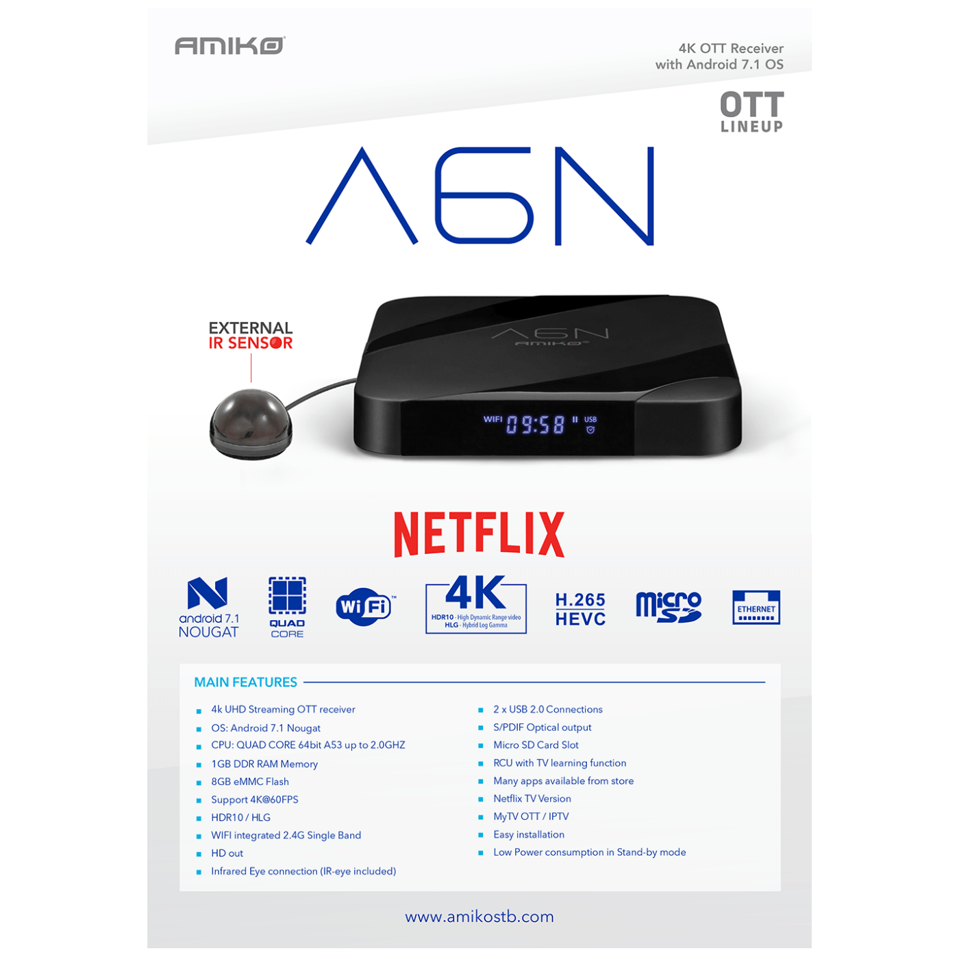 Amiko Prijemnik IPTV, Android, Netflix, 1 GB/8 GB, 4K, WiFi - A6N