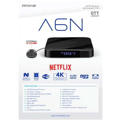 Amiko Prijemnik IPTV, Android, Netflix, 1 GB/8 GB, 4K, WiFi - A6N