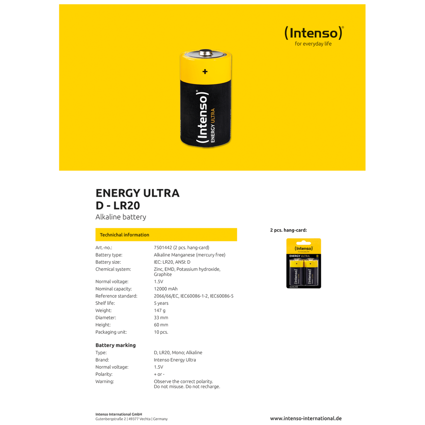(Intenso) Baterija alkalna, LR20 / D, 1,5 V, blister 2 kom