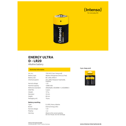 (Intenso) Baterija alkalna, LR20 / D, 1,5 V, blister 2 kom