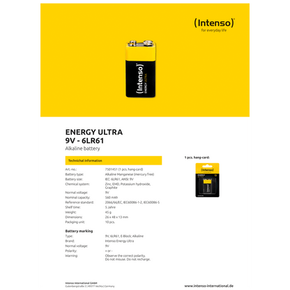 (Intenso) Baterija alkalna, 6LR61, 9 V, blister 1 komad - 6LR61 / 9V