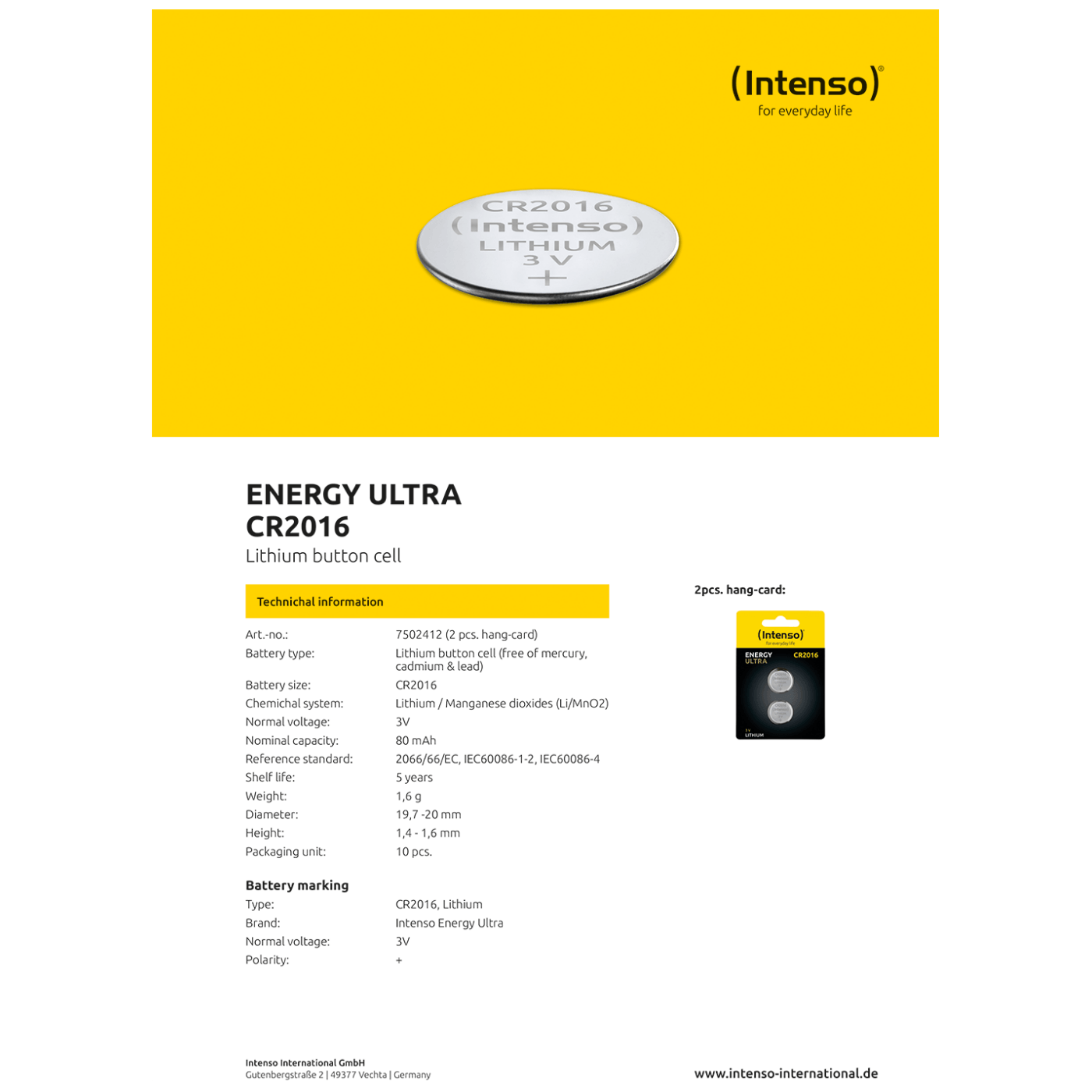 (Intenso) Baterija litijska, CR2016/2, 3 V, dugmasta,  blister  2 kom