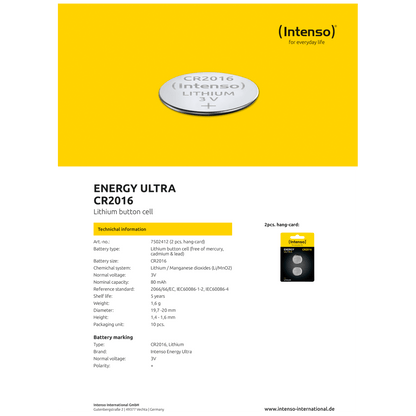 (Intenso) Baterija litijska, CR2016/2, 3 V, dugmasta,  blister  2 kom
