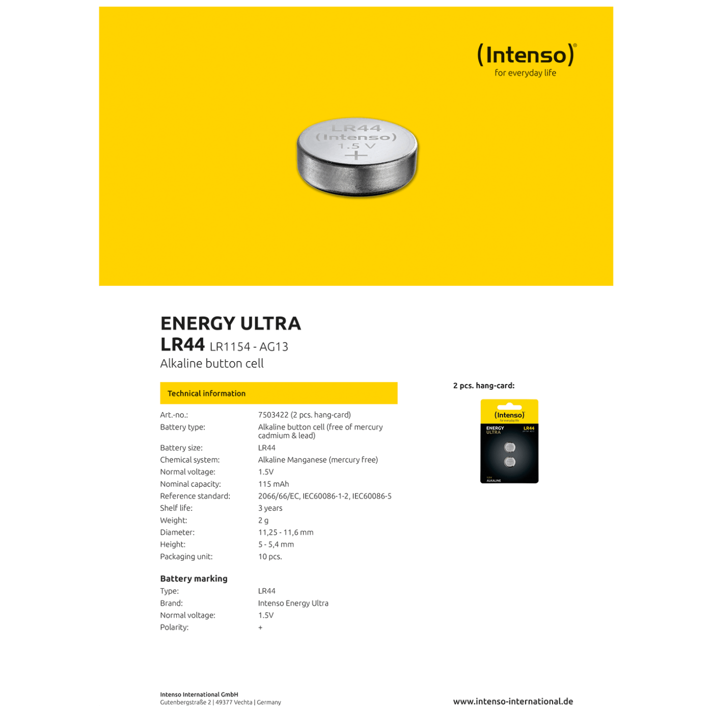 (Intenso) Baterija alkalna LR44/2, 1,5 V dugmasta, blister 2 kom