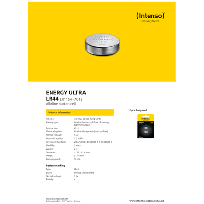 (Intenso) Baterija alkalna LR44/2, 1,5 V dugmasta, blister 2 kom