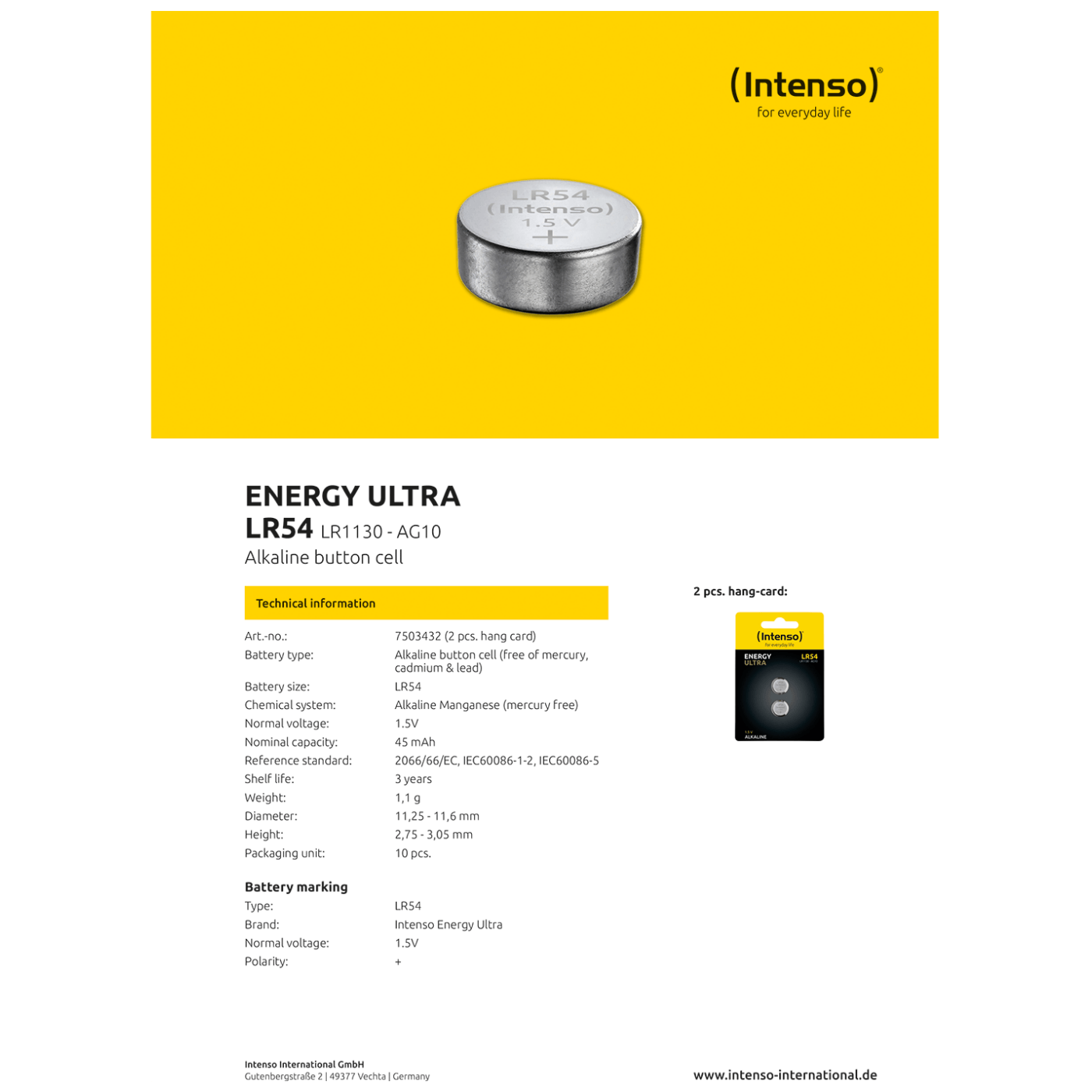 (Intenso) Baterija alkalna LR54/2, 1,5V dugmasta, blister 2 kom