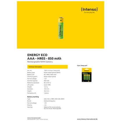 (Intenso) Baterija punjiva AAA / HR03, 850 mAh, blister 4 kom - AAA / HR03/850