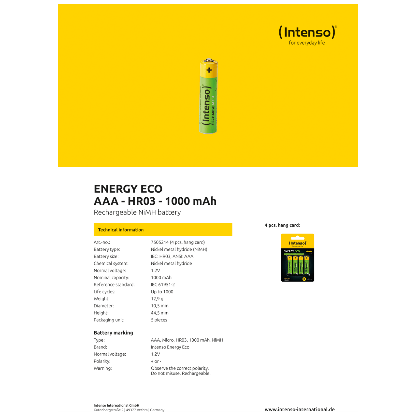 (Intenso) Baterija punjiva AAA / HR03, 1000 mAh, blister 4 kom - AAA / HR03/1000