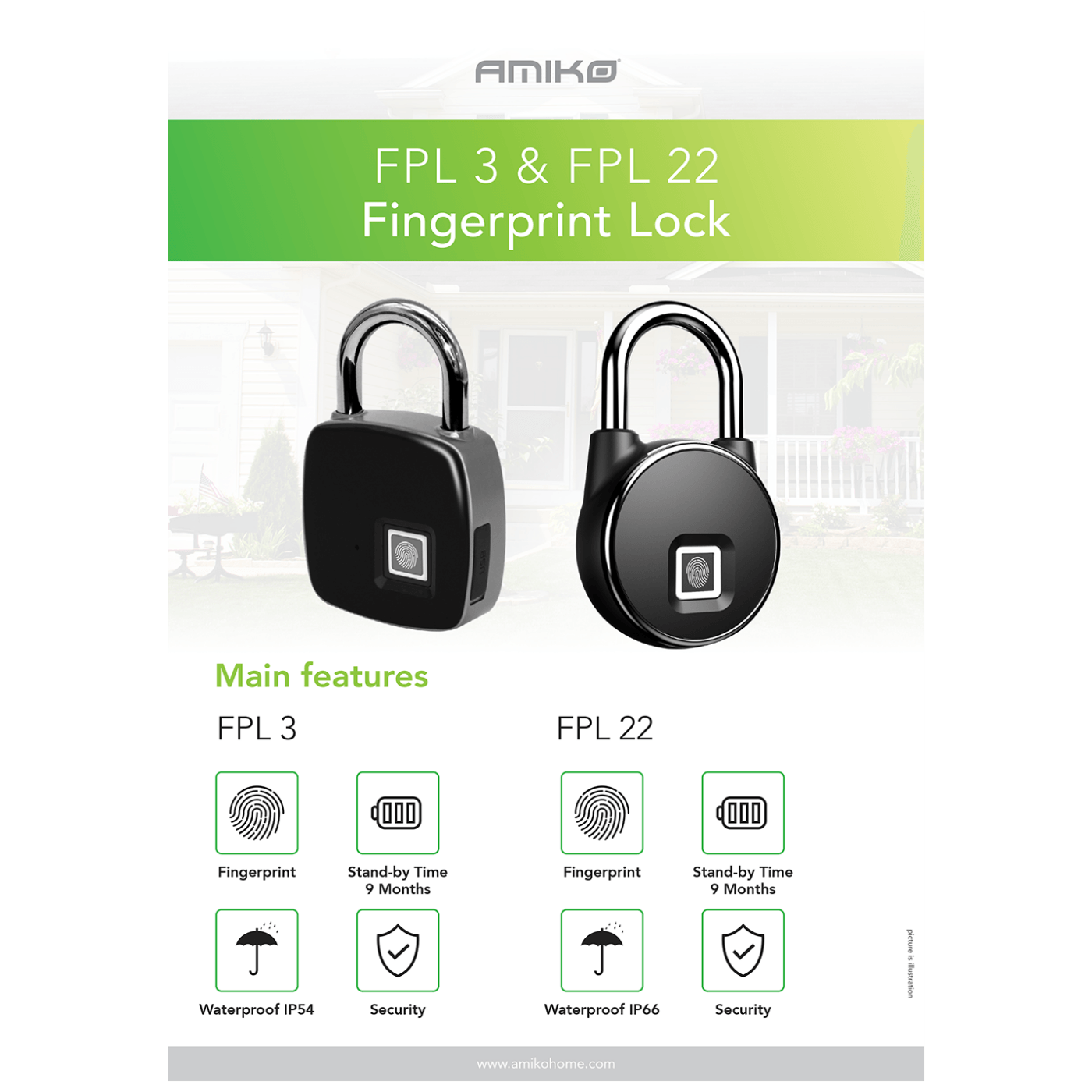 Amiko Lokot/Katanac sa otiskom prsta ( fingerprint ), IP54 - FPL-3