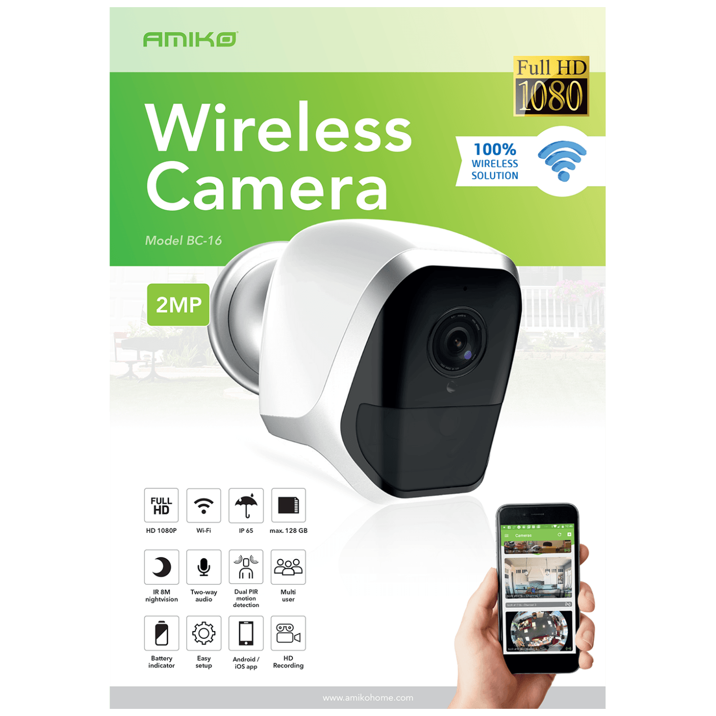 Amiko Home Kamera IP, 2 MP, FullHD, WiFi, 4 x AA - BC-16