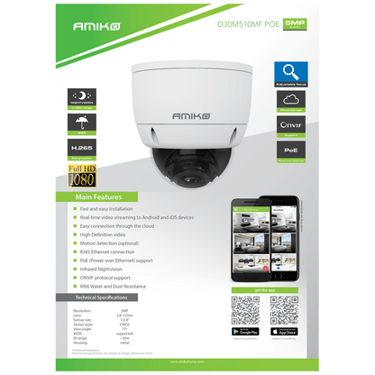 Amiko Home Kamera IP, 5 MP 1/2.8" SONY Starvis, PoE, H.265 - D30M510B MF PoE