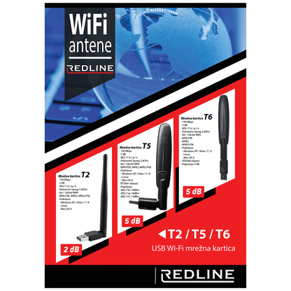 REDLINE Wi-Fi mrežna kartica, USB, 2.4 GHz, 2 dB, 150 Mbps, RT7601 - T2 WiFi antena