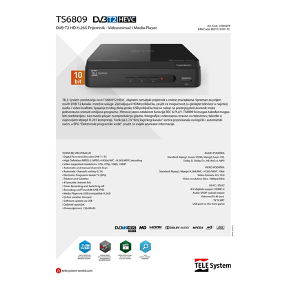 TELE System Prijemnik zemaljski, DVB-T2, H.265 / 10 bit, SCART - TS6809 T2 HEVC