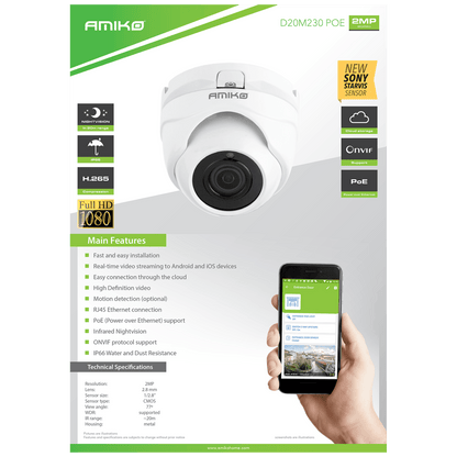 Amiko Home Kamera IP 2 MP, PoE, 1/2.9" SONY Starvis CMOS, HD Lens 2,8mm - D20M230 PoE