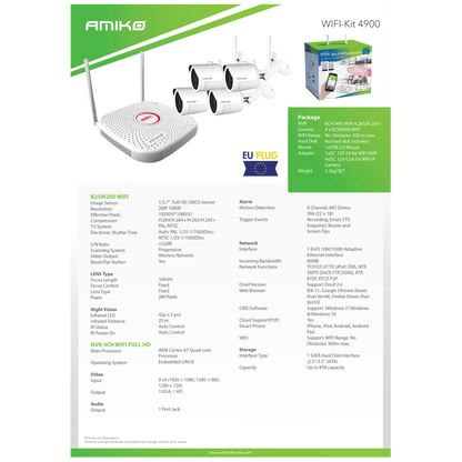 Amiko Home Set za video nadzor, 2 Mpixel, 4 x bullet cam., 9 ch, WiFi - WIFI KIT-4900