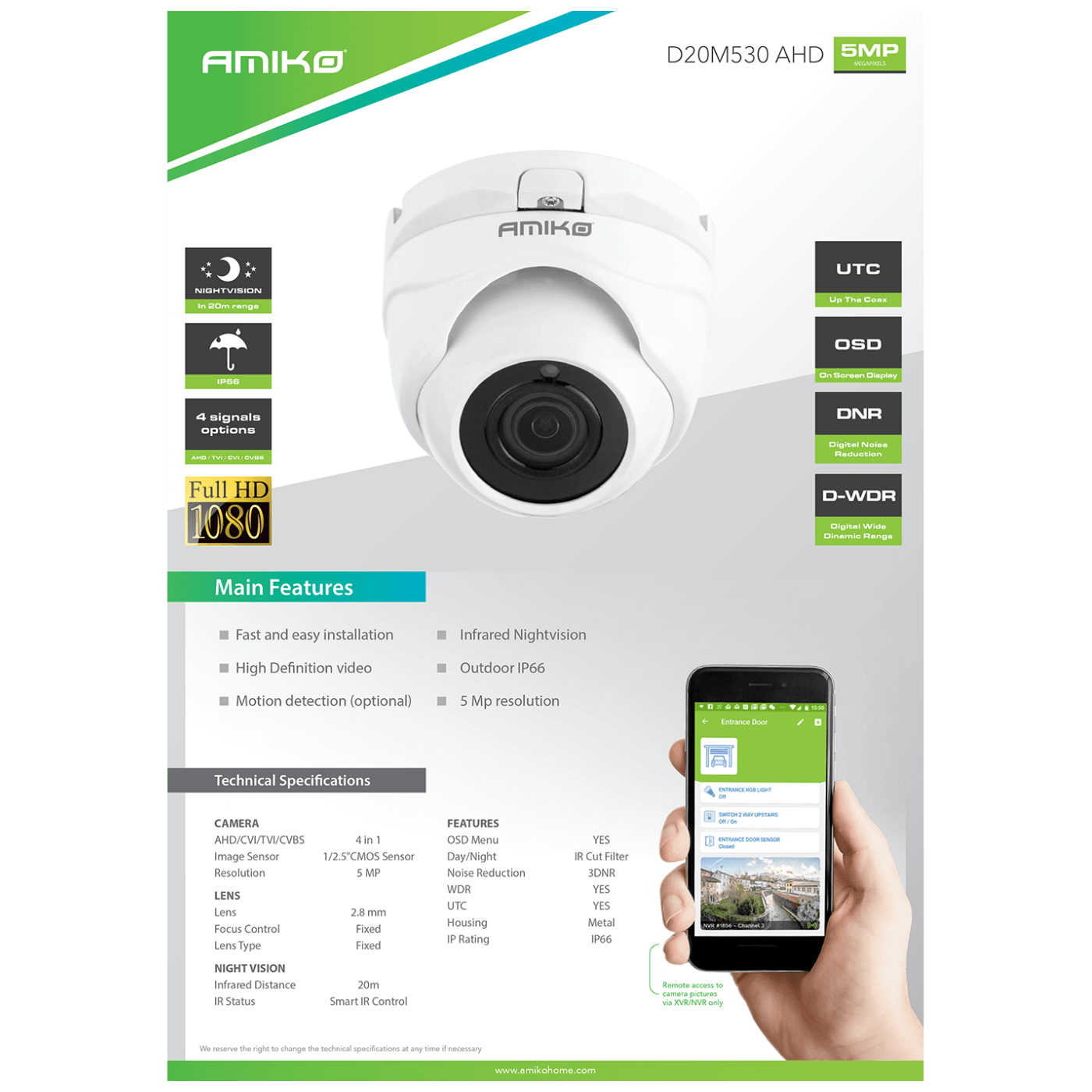 Amiko Home Kamera analogna, 4in1, 5 MPixel, 1/2.5" CMOS, HD Lens 2,8mm - D20M530-AHD
