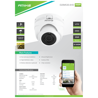 Amiko Home Kamera analogna, 4in1, 5 MPixel, 1/2.5" CMOS, HD Lens 2,8mm - D20M530-AHD