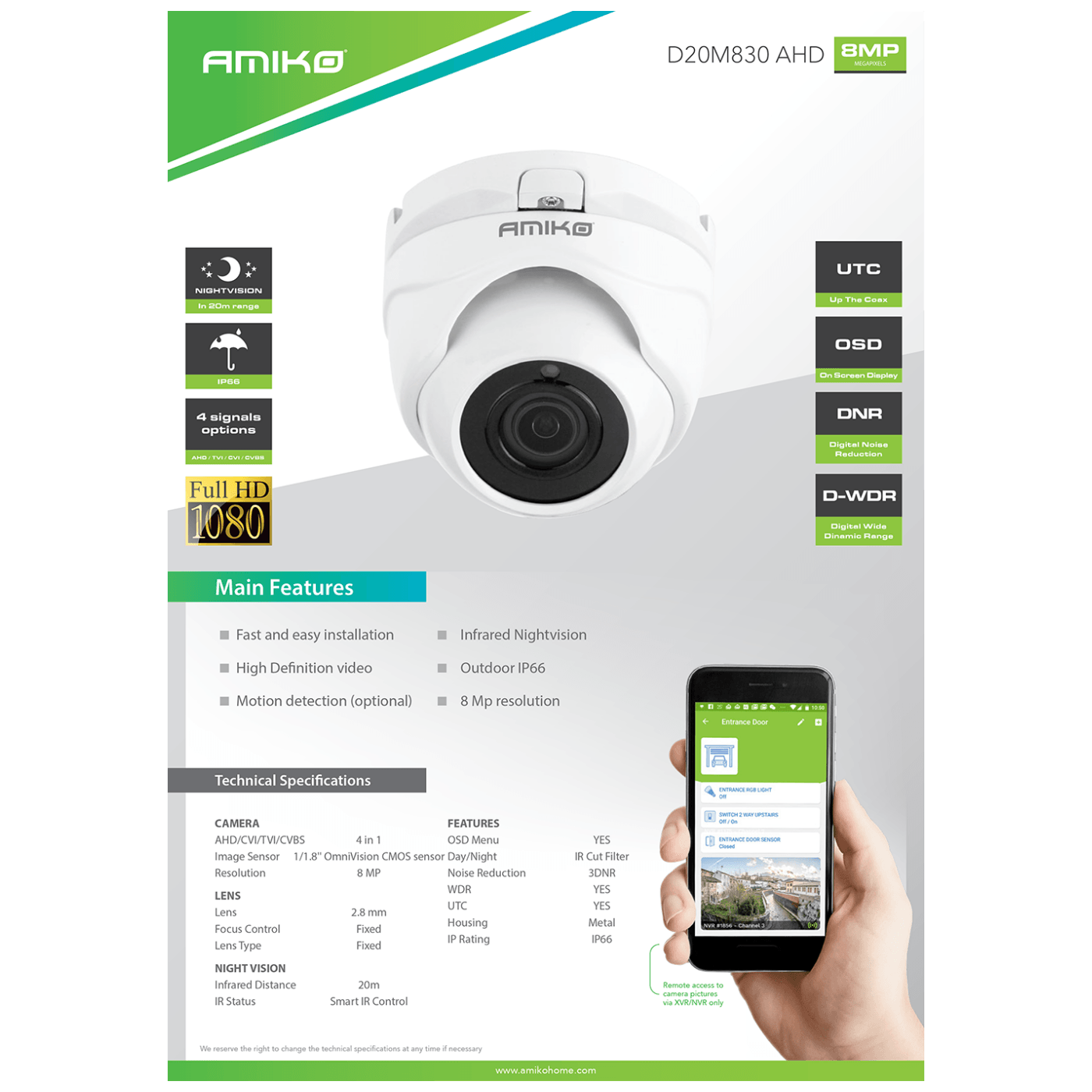 Amiko Home Kamera analogna, 4in1, 8 MPixel, 1/1.8" CMOS, HD Lens 2,8mm - D20M830-AHD
