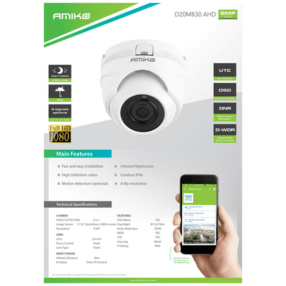 Amiko Home Kamera analogna, 4in1, 8 MPixel, 1/1.8" CMOS, HD Lens 2,8mm - D20M830-AHD