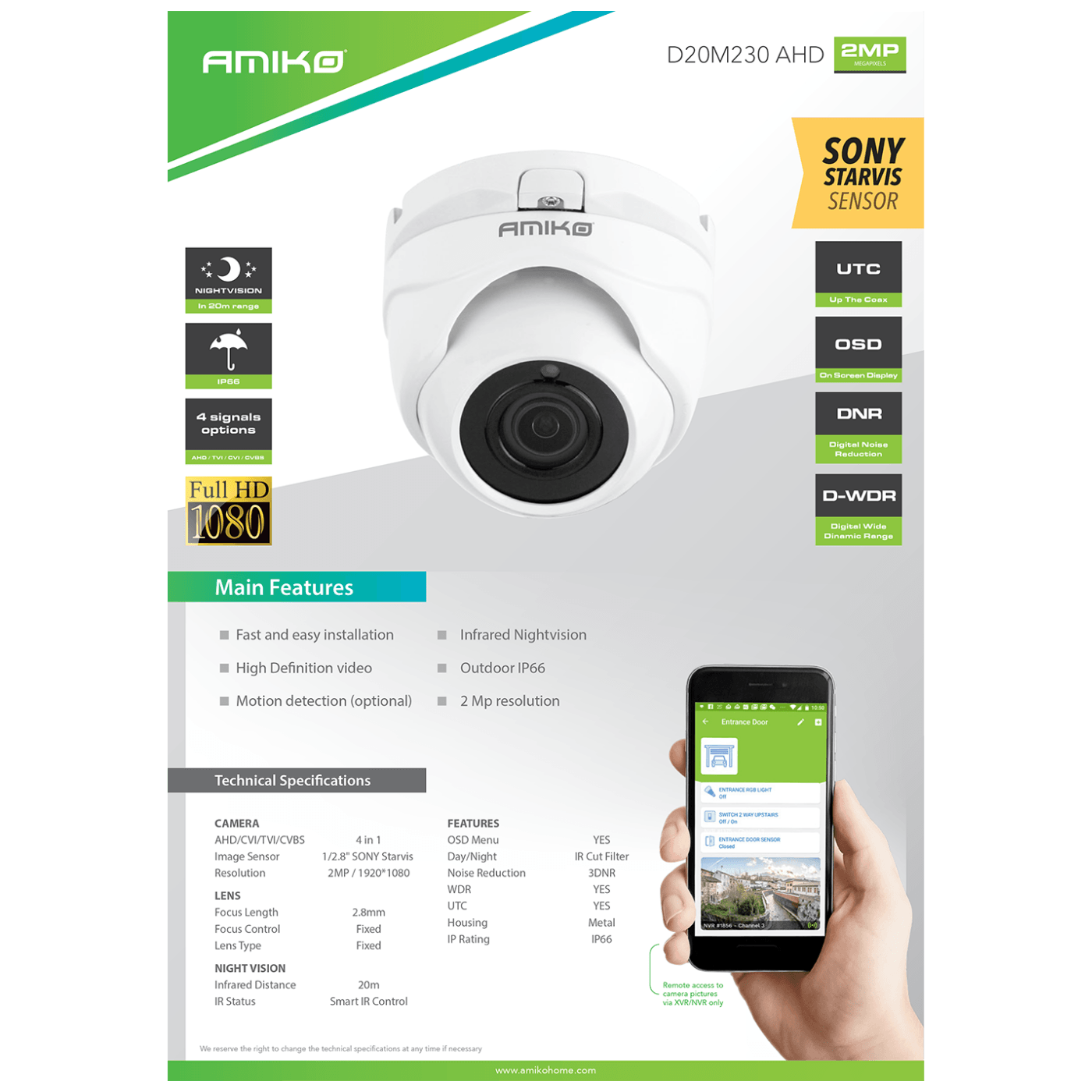 Amiko Home Kamera 2 MP, 1/2.8" SONY Starvis CMOS, HD Lens 2,8 mm - D20M230 AHD